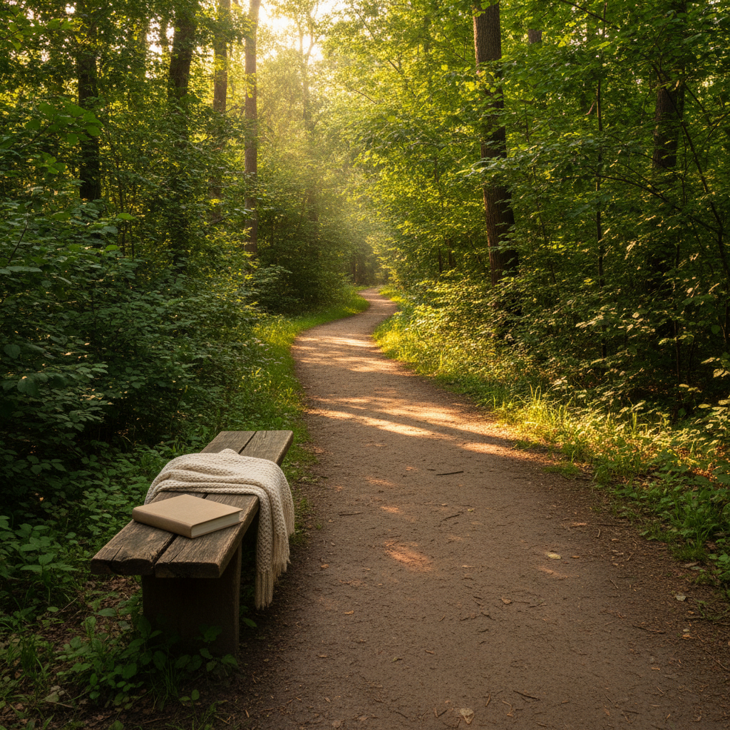A sunlit path winding through a lush, green forest, the packed earth trail clearly visible and free of obstacles, symbolizing a guided healing journey. On one side, a weathered wooden bench holds a closed, cloth-bound book with a simple, unadorned cover, and a folded woven shawl. Rays of late afternoon sunlight filter through high branches, creating dappled patterns of light and shadow across the path. Captured from a slightly elevated perspective using photographic realism, the composition follows the rule of thirds, drawing the eye forward along the path. The atmosphere feels hopeful, grounded, and gently transformative, suggesting steady progress and safety.