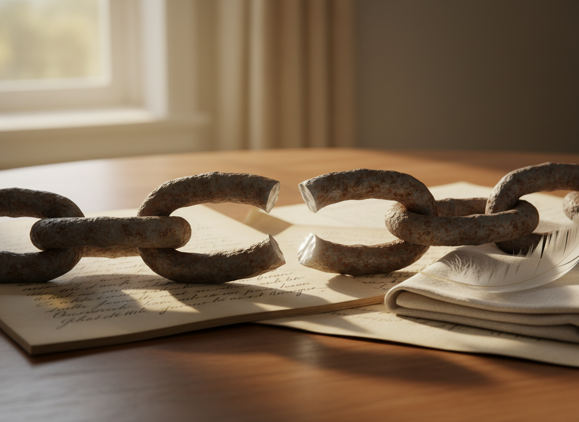 A heavy, antique iron chain lying broken in the center of a smooth wooden table, each link rendered in detailed photographic realism, with one central link cleanly split and slightly separated. Around it are open, handwritten journal pages, a folded linen cloth, and a single white feather, all arranged with intentional calm. Soft morning light from an unseen window washes across the scene, casting gentle shadows that emphasize the broken link. Shot at eye level with a shallow depth of field, the chain is in crisp focus while the background falls into a warm, inviting blur, evoking release, healing, and new beginnings.